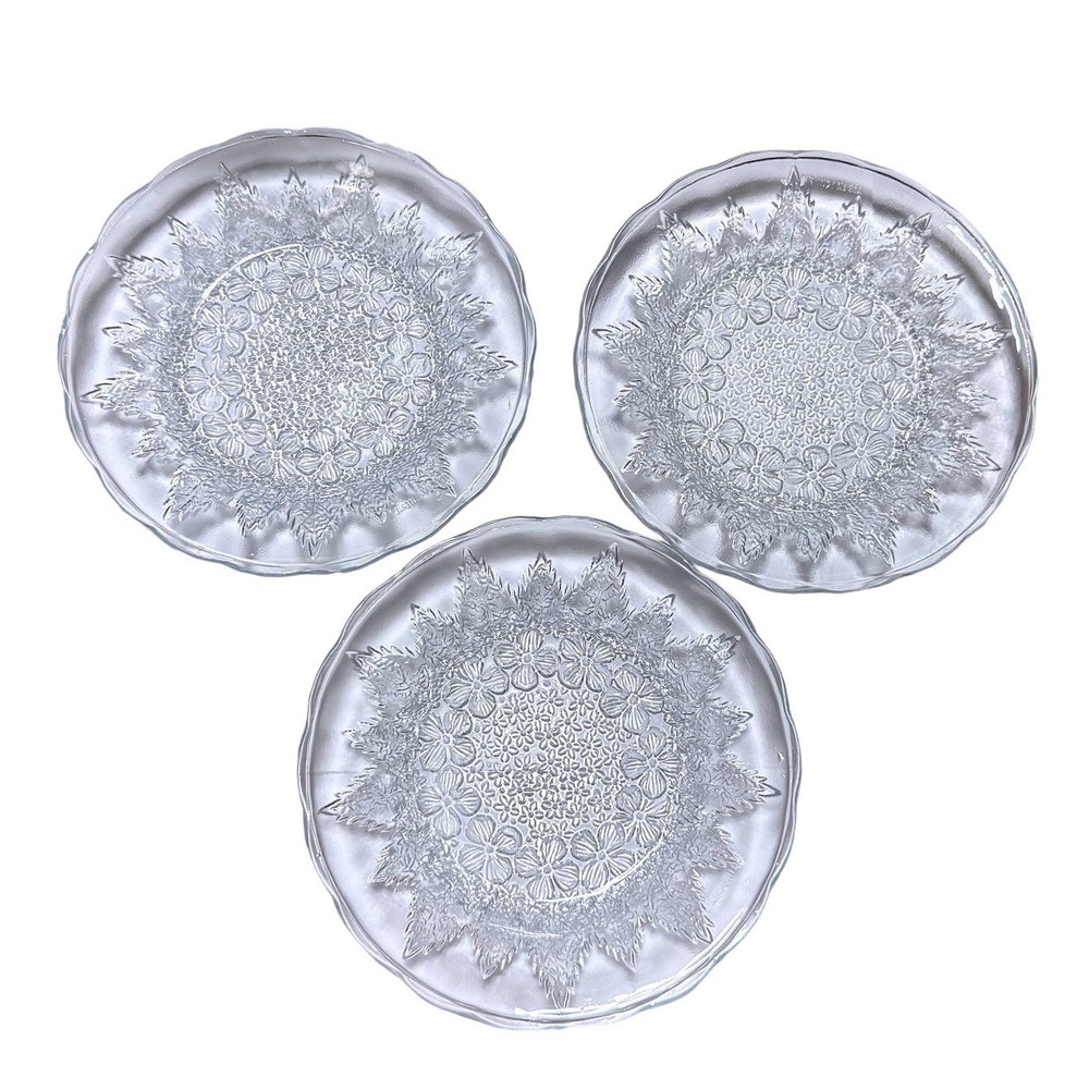Vintage KIG Indonesia Embossed Forget Me Nots Flower Pressed Glass Plate Set 6"